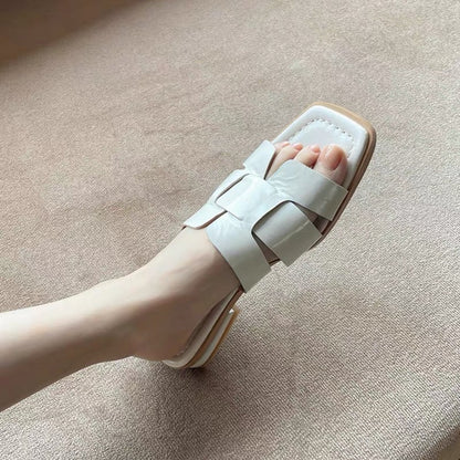 Super soft~comfortable one-word slippers genuine leather flat heel H sandals and slippers women's summer wear high-end ins fairy style new style