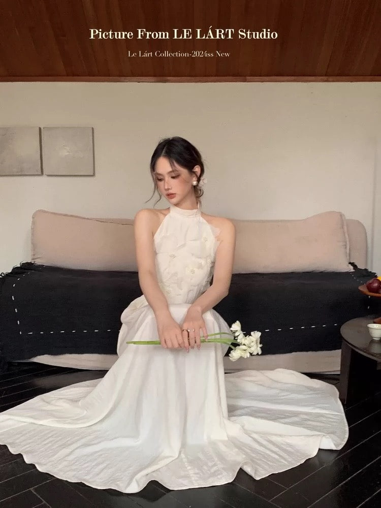 LELART Temperament dress 2024 new style women's summer design elegant flower halter neck high waist A-line long skirt