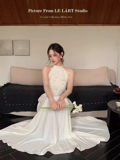 LELART Temperament dress 2024 new style women's summer design elegant flower halter neck high waist A-line long skirt