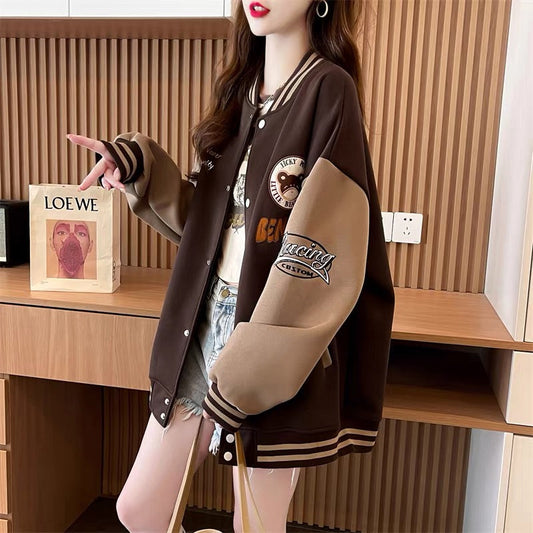 Western style age-reducing design baseball uniform cardigan jacket for women 2023 autumn new loose and versatile Korean style jacket (J0241)