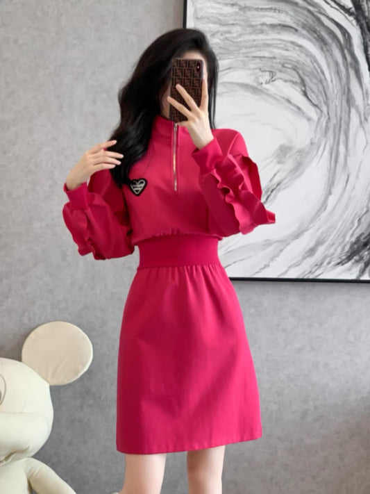 French dragon fruit color sweatshirt skirt for women autumn and winter 2023 new European style slim dress for small people (V5518)