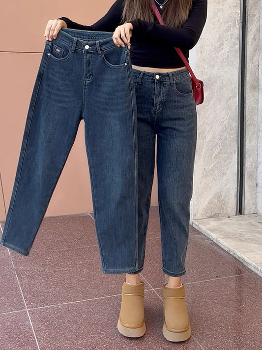 Women's plus size harem jeans are loose, slimming and fat, covering the flesh and crotch, pear-shaped figure, high-waisted stretch daddy pants