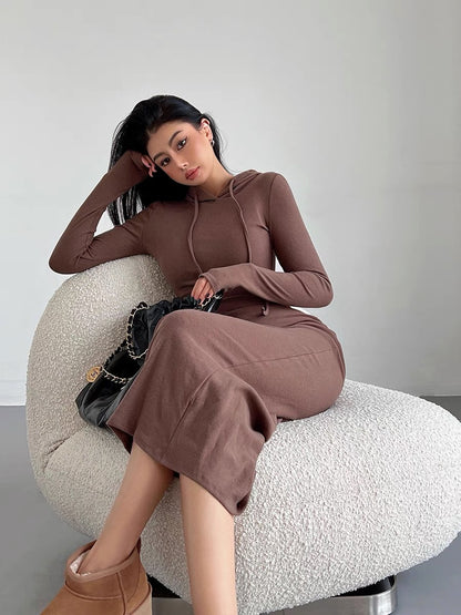 liviahome European and American street hot girl hooded dress women's autumn waist slimming hip-covering knitted skirt long skirt (D216)