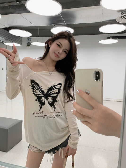 Qiu Rouyao early autumn new pure desire bottoming shirt loose and thin round neck irregular butterfly pattern long-sleeved T-shirt for women