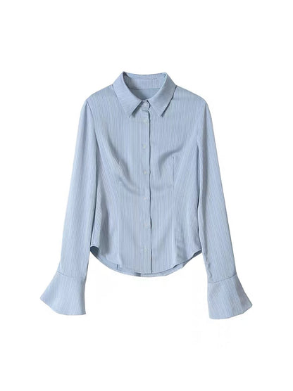 EUSKY IIWAN Pure lust satin silky slim fit waist shirt light blue long-sleeved shirt for women (T279)