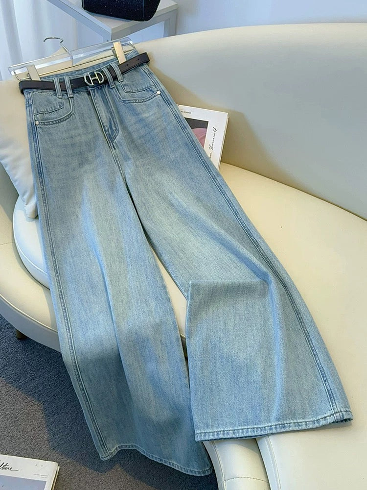 Light blue high waist loose drape a version wide leg jeans women 2025 early spring and autumn new straight floor-length pants