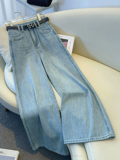 Light blue high waist loose drape a version wide leg jeans women 2025 early spring and autumn new straight floor-length pants