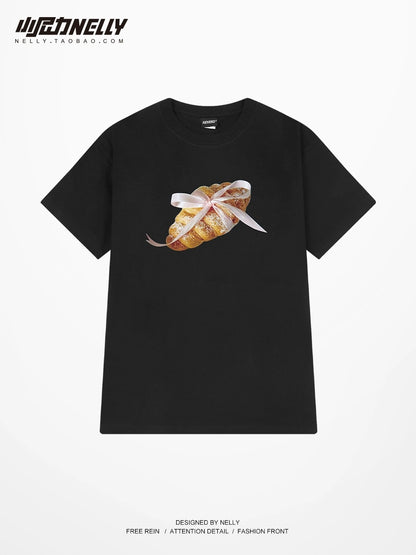 2024 summer new bow croissant bag pure cotton short-sleeved T-shirt men and women casual bottoming shirt half-sleeved summer wear