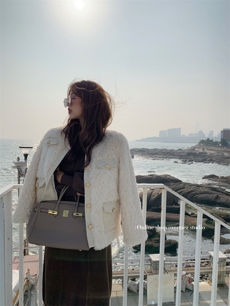 Summer home white small fragrance down jacket lamb wool thickened plush coat women's autumn and winter high-end top