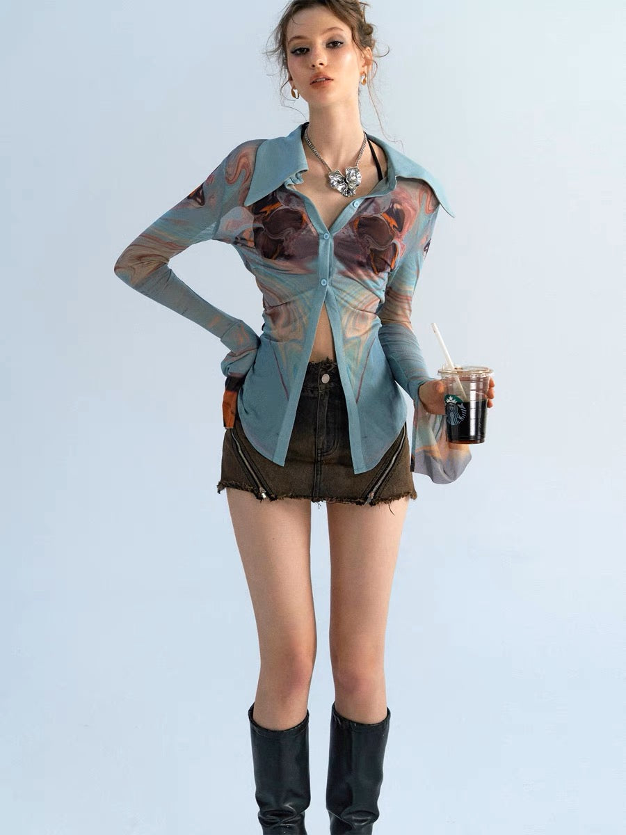 OfAkiva "Clothing Gagosian" Cheng Xiao's same style contrast printed shirt women's long-sleeved stretch mesh shirt (A098)