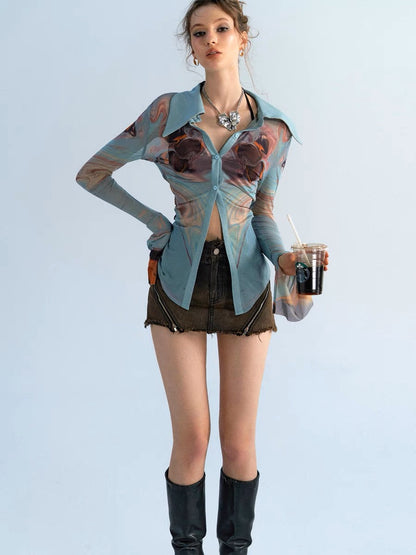 OfAkiva "Clothing Gagosian" Cheng Xiao's same style contrast printed shirt women's long-sleeved stretch mesh shirt (A098)