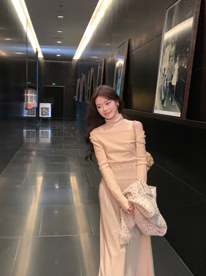 ByYou new autumn and winter gentle style oatmeal-colored wool knitted skirt mid-length figure-shaping high-waisted skirt