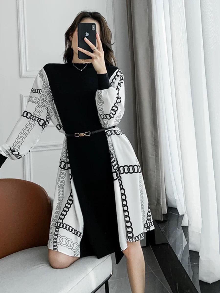 Autumn and winter new style knitted dress for women with contrasting color prints for small people, loose and slim, spliced chiffon sweater dress