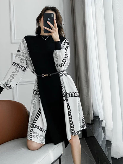 Autumn and winter new style knitted dress for women with contrasting color prints for small people, loose and slim, spliced chiffon sweater dress