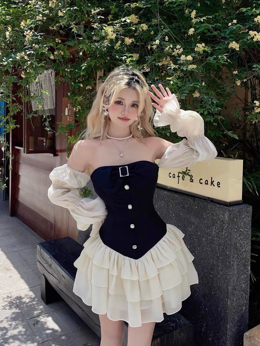 MOXI Pure Desire Hot Girl Designed One-shoulder Lantern Sleeve Tube Top Dress with Bow and Diamond Buttons