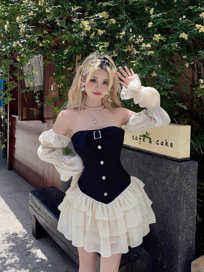 MOXI Pure Desire Hot Girl Designed One-shoulder Lantern Sleeve Tube Top Dress with Bow and Diamond Buttons