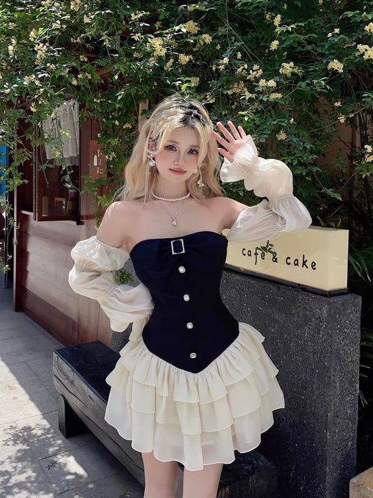 MOXI Pure Desire Hot Girl Designed One-shoulder Lantern Sleeve Tube Top Dress with Bow and Diamond Buttons