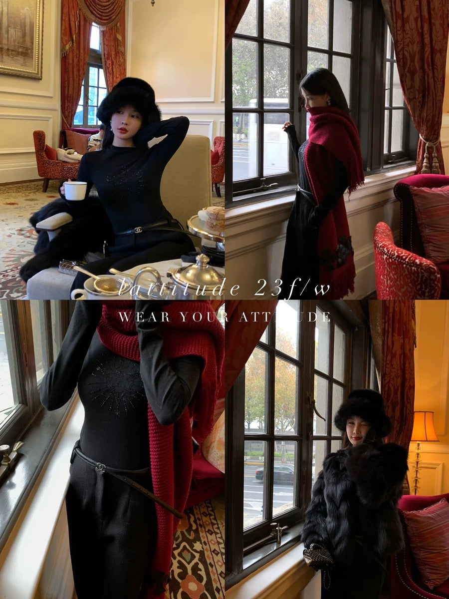 Lattitud Yang Xiaolu Amir hot diamond hand-painted pattern high collar 10% wool versatile knitted base
