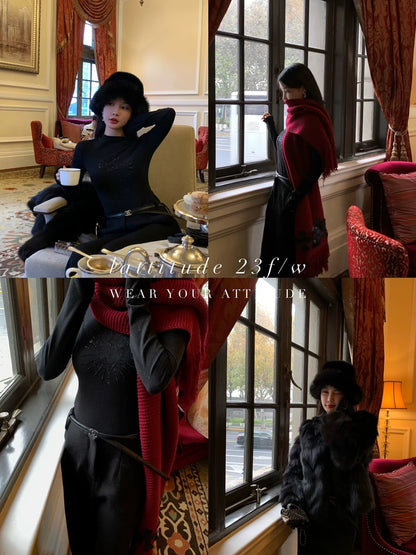 Lattitud Yang Xiaolu Amir hot diamond hand-painted pattern high collar 10% wool versatile knitted base