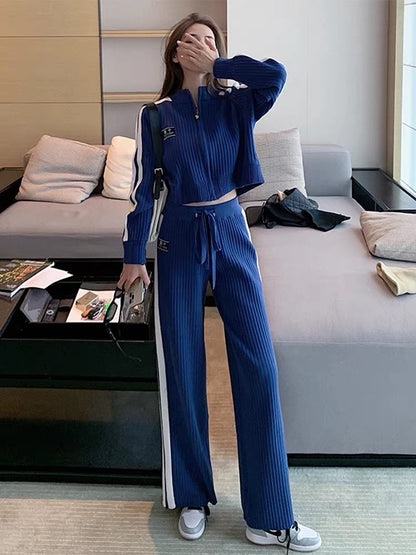 College style stand-up collar short zipper jacket blue age-reducing top high-waisted slimming wide-leg pants women's autumn and winter two-piece set
