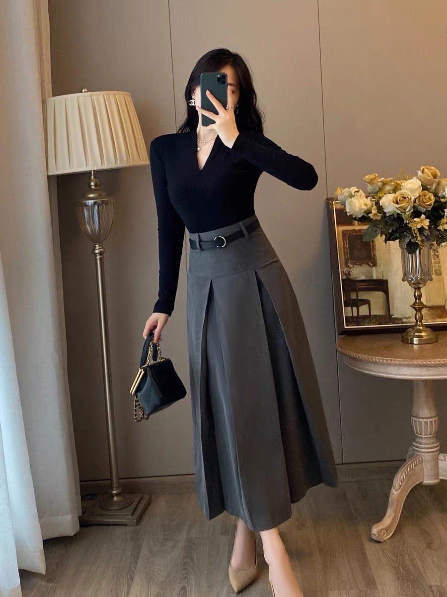 French gray high waist pleated skirt women 2023 autumn new mid-length A-line skirt umbrella skirt suit women's clothing