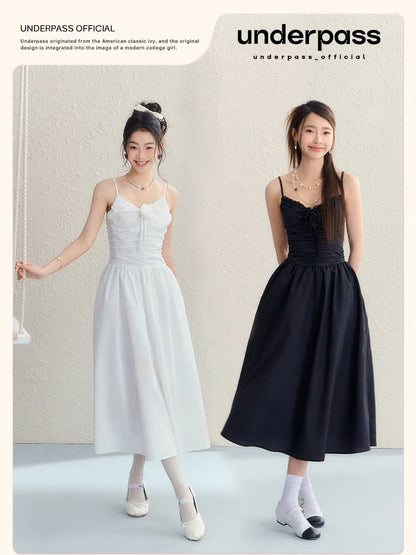 Underpass original design French black and white niche high-waisted wrinkled rose waist suspender dress