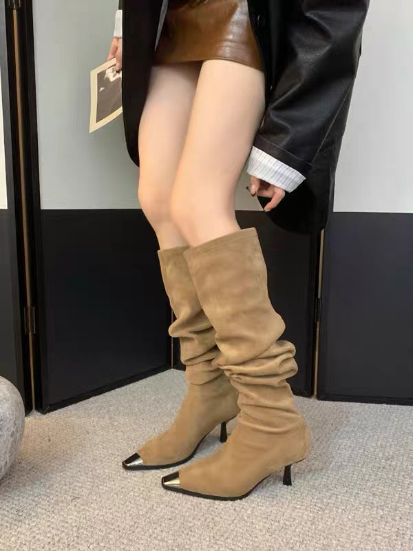 Pointed high heels piled long knight boots for women 2023 retro slim boots slim metal toe over-the-knee boots hot girl boots
