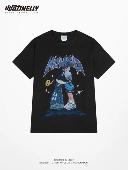 Pure cotton national fashion American high street oversize anime couple short-sleeved T-shirt men and women spring lazy niche tops