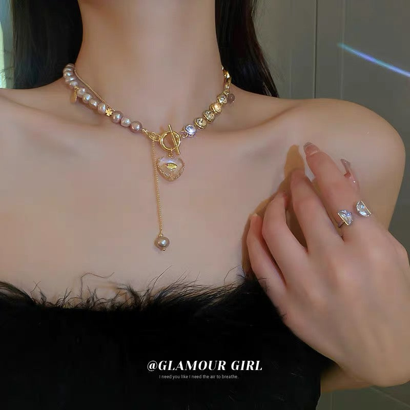 Freshwater Pearl Diamond Chain Love Tassel T-Buckle Necklace Design Temperament Clavicle Chain Sweet Necklace for Women