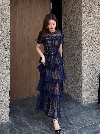 Cake long skirt for women 2023 new summer dress British style exquisite lace navy blue short-sleeved dress evening dress (D164)