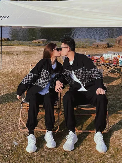 Black checkerboard stitching denim jacket men's spring and autumn ruffian handsome trendy brand loose couple jacket 2023 new