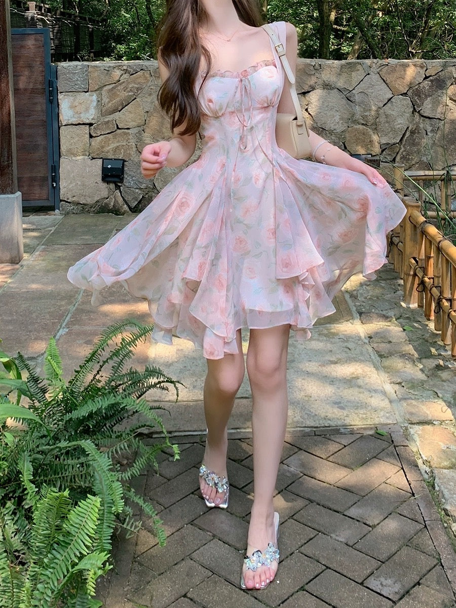 ByYou summer pink fungus printed chiffon suspender dress with waist and slimming skirt fairy skirt