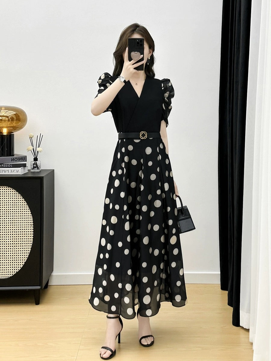 Polka dot dress 2023 summer new high-end temperament women's French retro chiffon mid-length dress for women