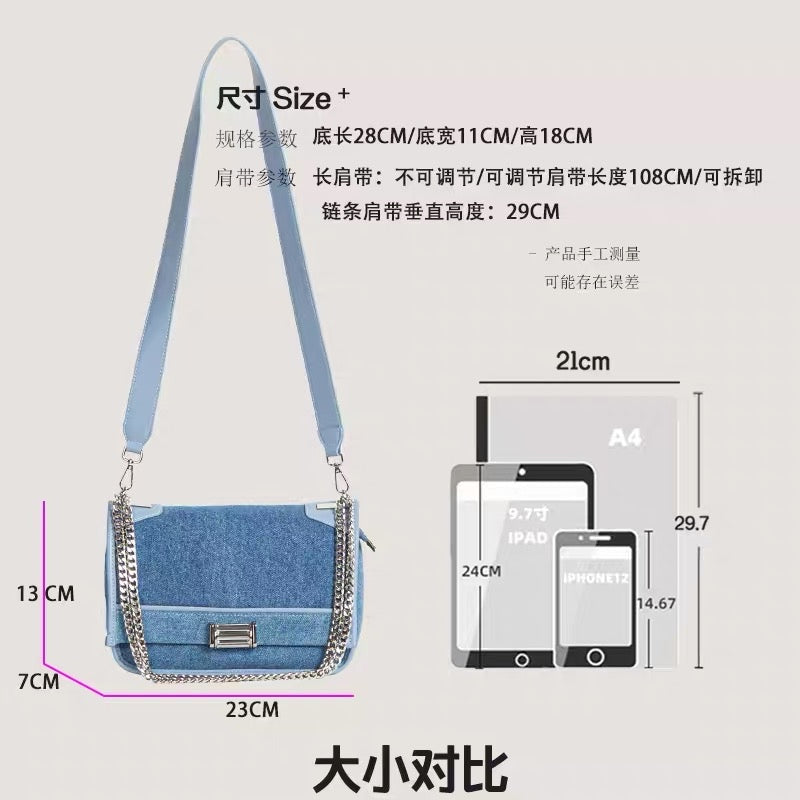 Denim Messenger Bag Ladies Bag Large Capacity Canvas 2023 New Fashion Versatile Casual High Sense Chain Underarm Bag