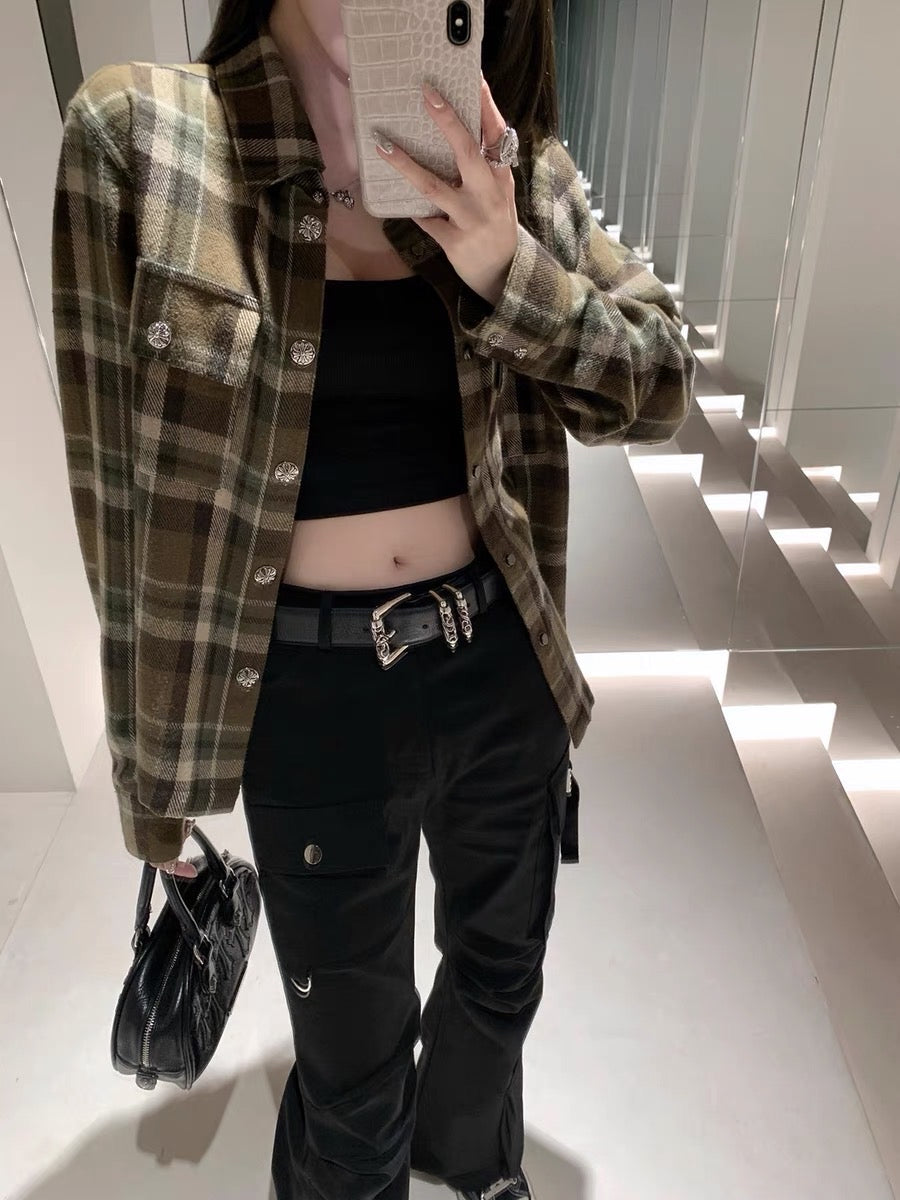 CHICYOU [semi-permanent si suit, super good restoration] c.h woolen long-sleeved slim loose plaid shirt for women