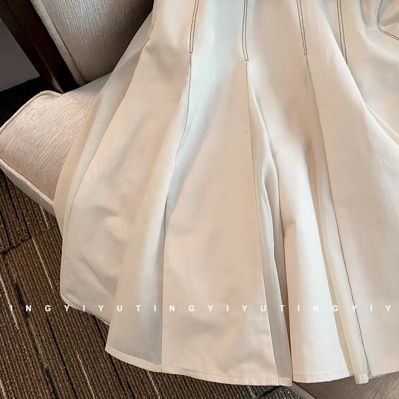 2023 summer new waist high-end heavy industry shirt Polo collar dress female niche high-end puff sleeve skirt