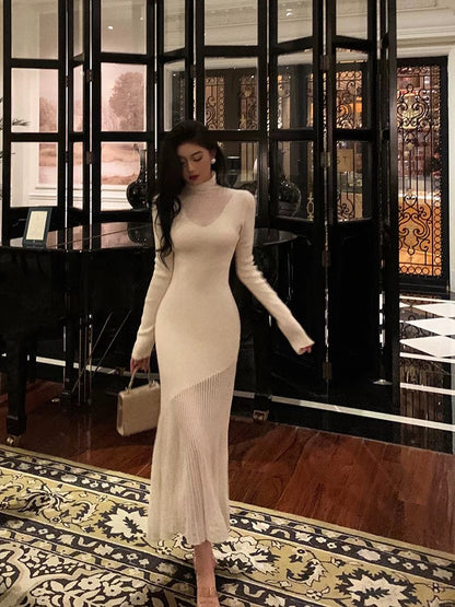 Godfrey French knitted dress for women 2023 autumn and winter new style niche splicing temperament hip-hugging fishtail long skirt