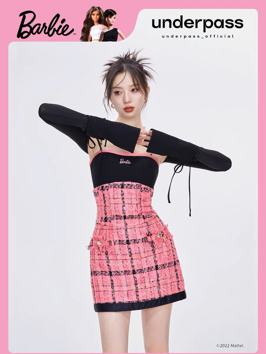 UnderpassX Barbie Barbie co-branded pink plaid small fragrant style suspender waist two-piece a-line dress