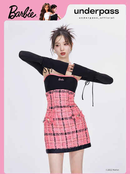 UnderpassX Barbie Barbie co-branded pink plaid small fragrant style suspender waist two-piece a-line dress