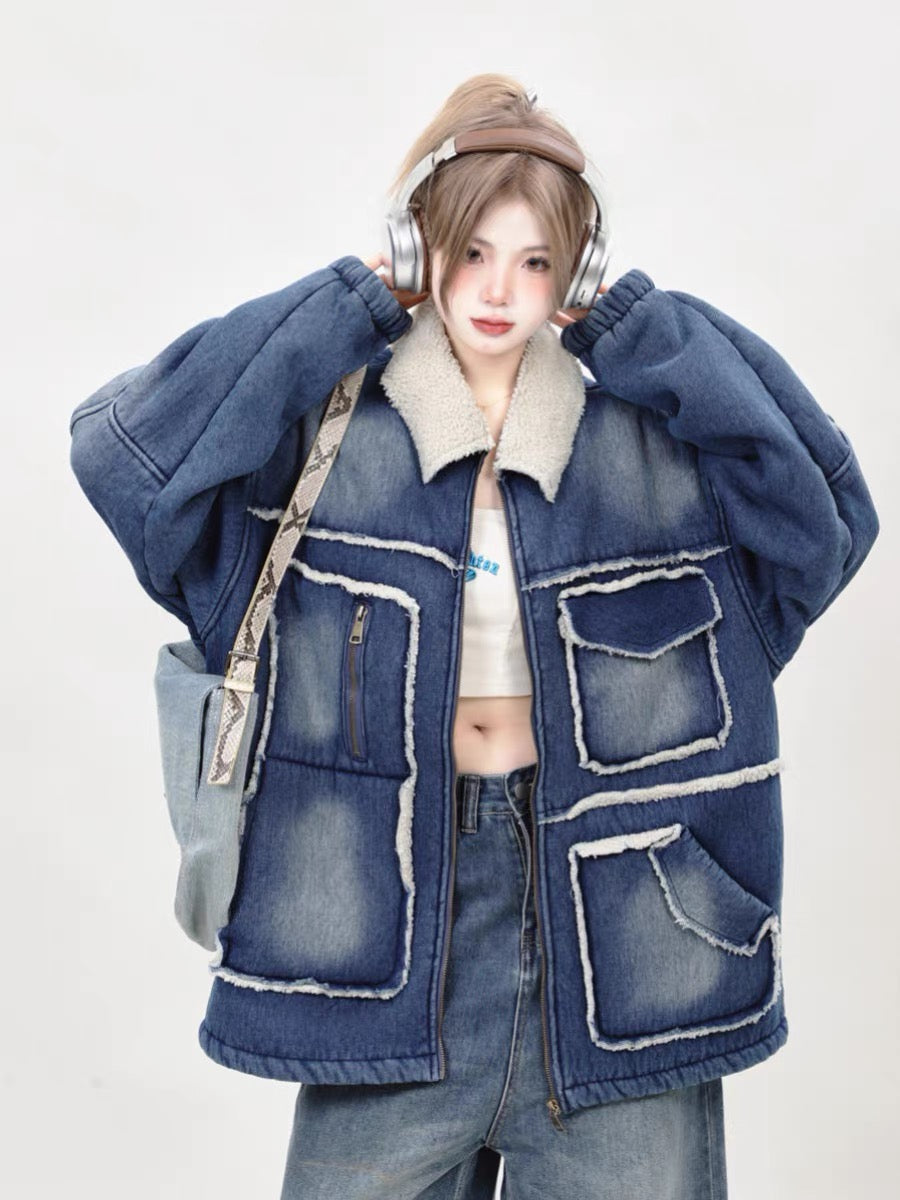 High-end and super good-looking 2023 new loose denim cotton-padded clothes for women winter thickened lamb wool coats and cotton-padded jackets A3343