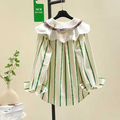 Knitted splicing double-layer doll collar striped shirt women 2024 spring new loose slim shirt age-reducing top