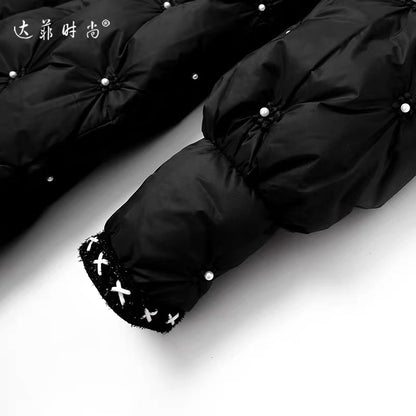 2023 Winter New Women's Wear Sweet Cool Feifei Sleeves Heavy Industry Beading Big Swing Short Sweet Stand Collar Light Luxury Down Jacket