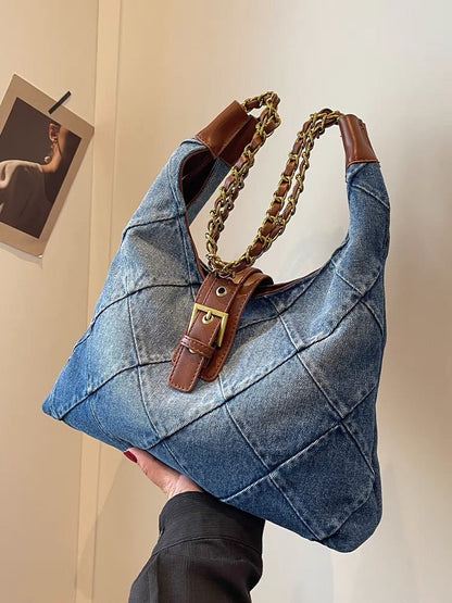 Simple casual color contrast portable large-capacity bag female 2023 new denim tote bag high-end shoulder bag