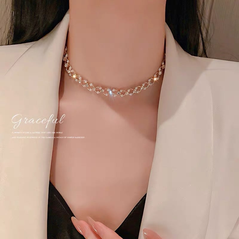 Real gold electroplating Korean fashion simple personality necklace diamond pearl necklace net red temperament design sense pendant female loop