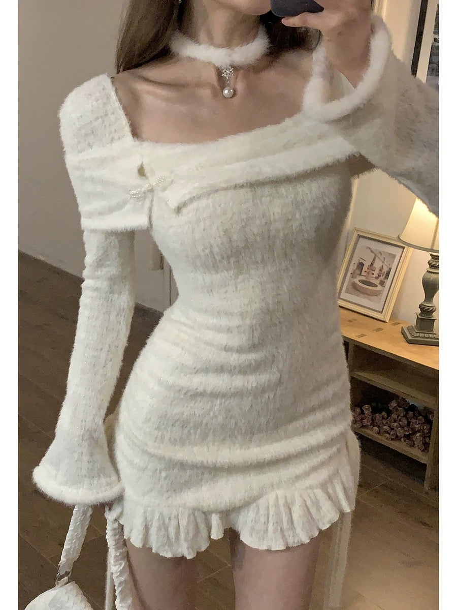 DREAM SEVEN77 long-sleeved one-shoulder plush knitted dress for women 2024 spring new short style slimming
