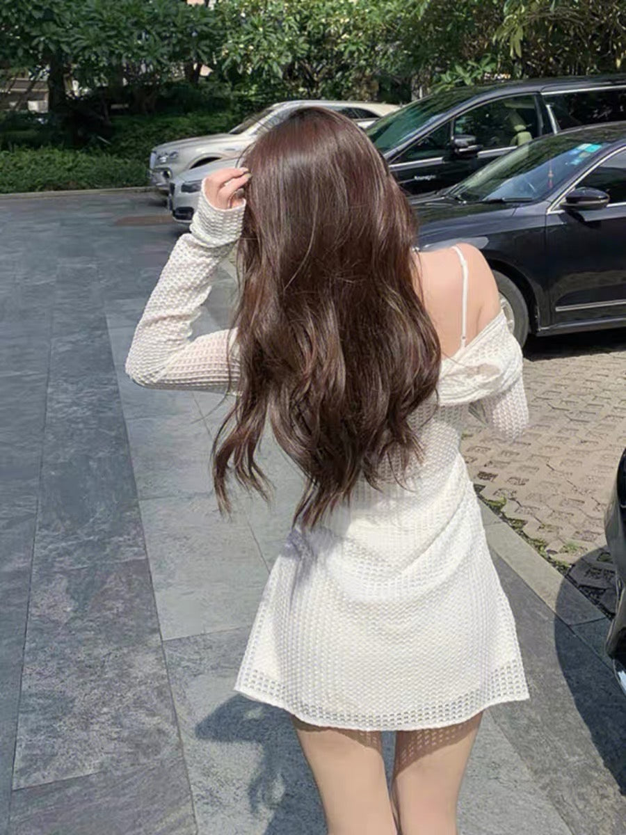 Pure sexy sexy knitted off-shoulder Ma Jian Da series waist-covering hip short white suspender hollow dress for women (D024)