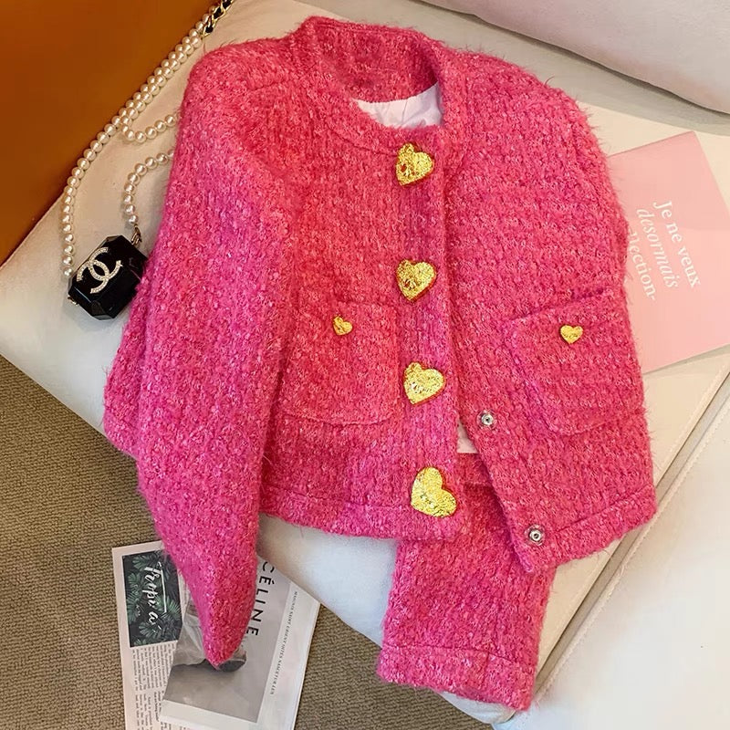 Rose pink love button small fragrant jacket for women autumn and winter 2023 new style French sweet temperament lady short top
