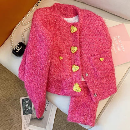 Rose pink love button small fragrant jacket for women autumn and winter 2023 new style French sweet temperament lady short top