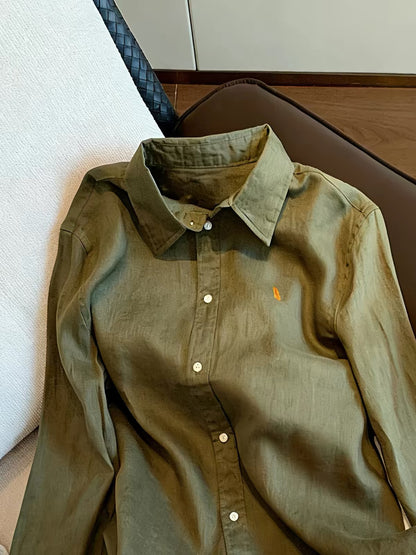 "Old Money" style retro-minimalist green printed long-sleeve Polo-collar shirt for women; a sophisticated, versatile piece perfect for spring and autumn.