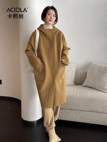Double-sided woolen cashmere coat women's mid-length woolen coat 2023 autumn and winter new loose hooded wool coat